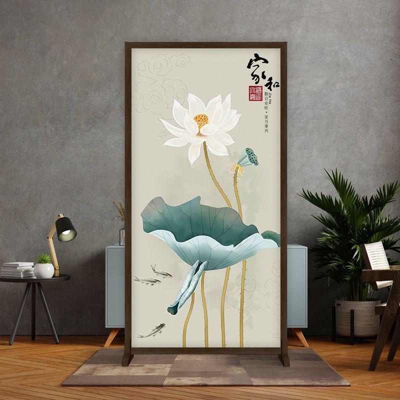 新中式简约现代隔断入户布艺格挡客厅木质屏风玄关装饰移动座屏