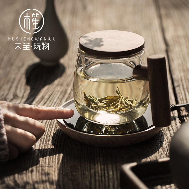 木笙木纹茶具加热恒温宝杯垫办公室家用玻璃壶加热保温底座暖杯器