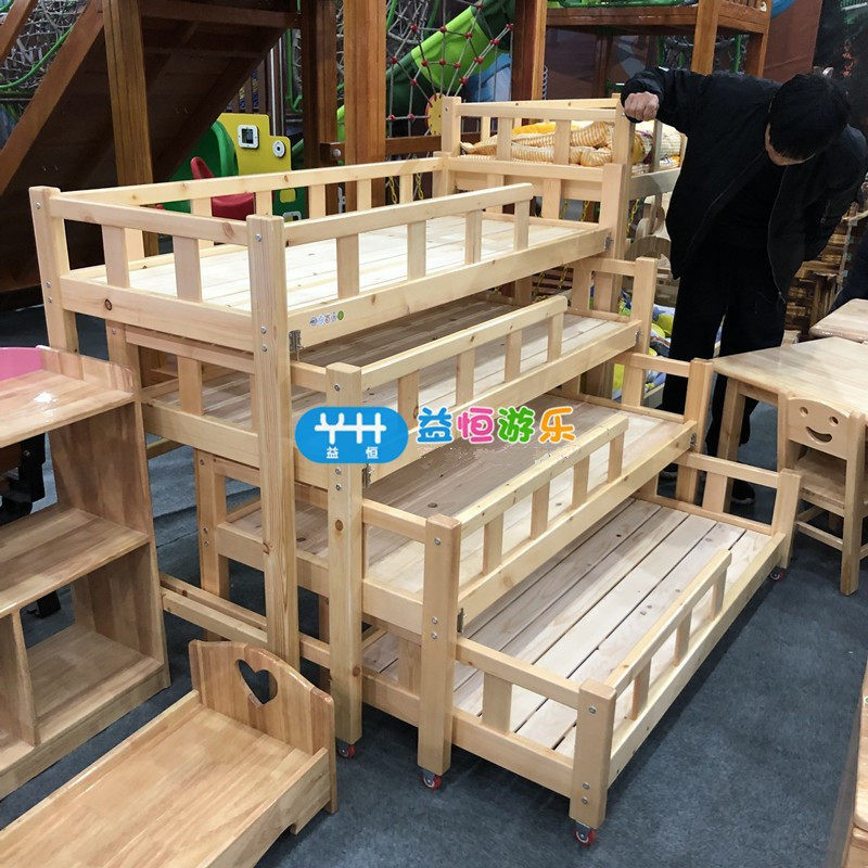 幼儿园高低四层推拉床儿童实木上下抽屉式午休床木制专用午睡床