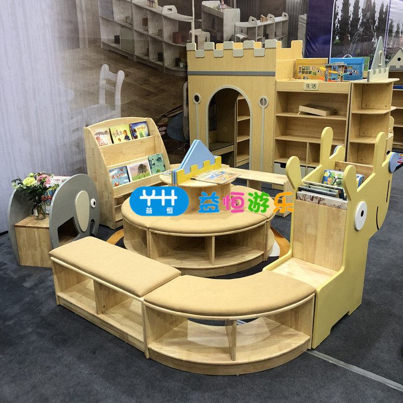 幼儿园组合阅读书架儿童软包坐柜图书室软包橡木柜子绘本收纳柜子