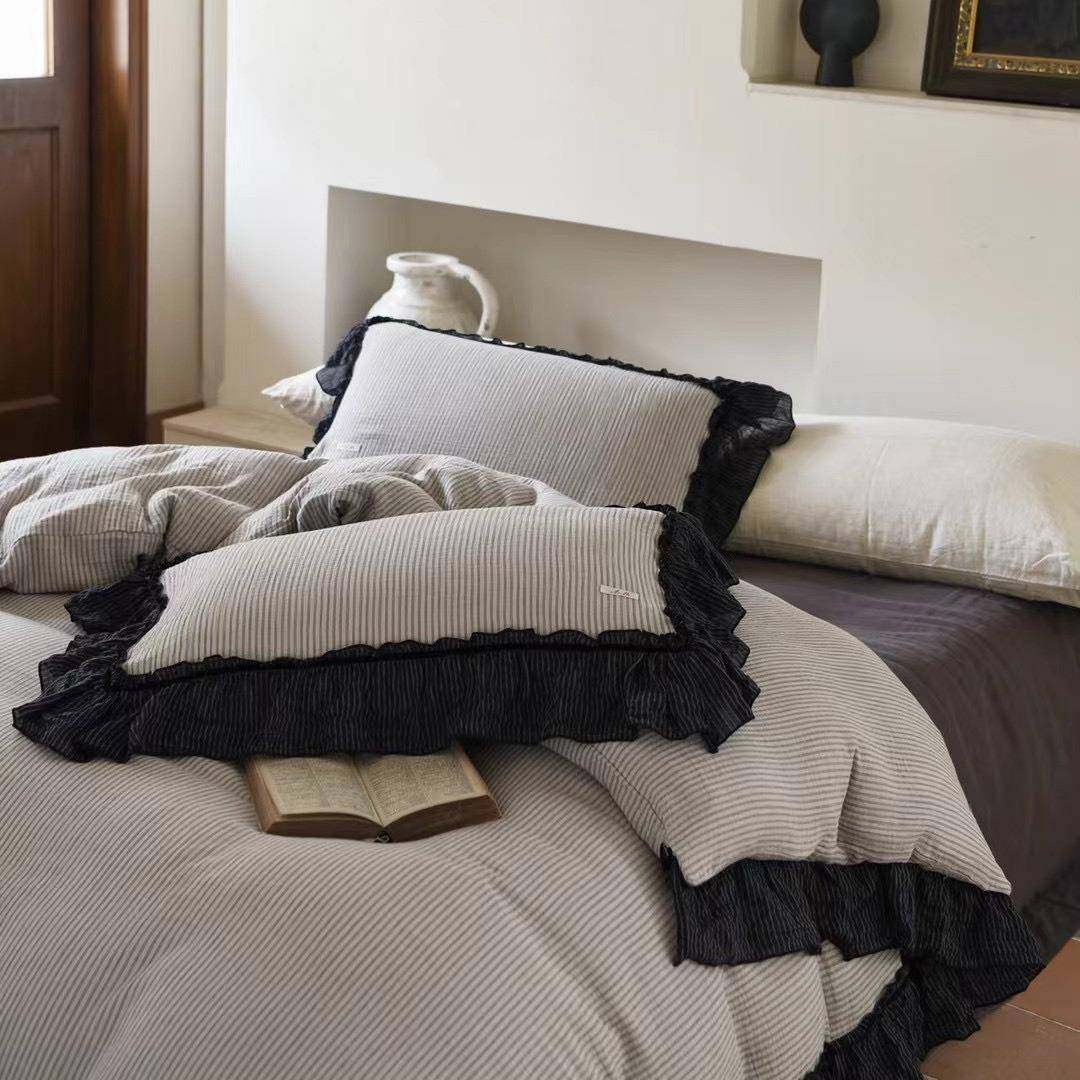 古典法式复古花边细条纹水洗云绉色织双层纱秋冬新品床笠款四件套