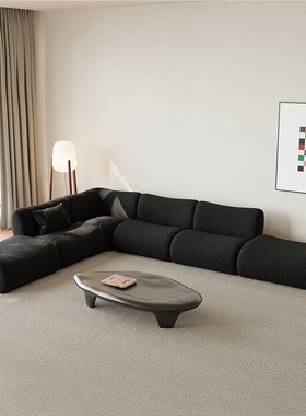 模块组合沙发小户型复古侘寂风客厅转角无扶手羊羔绒布艺单人沙发