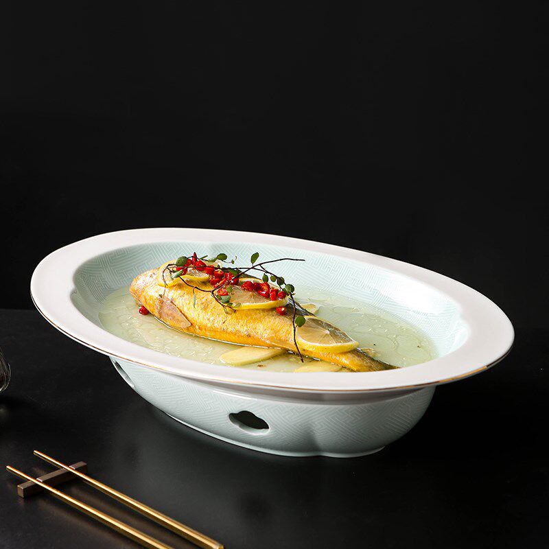 明月如意旦形陶瓷鱼盘加热炉餐具酒店创意特色干锅明炉大号鱼头盘