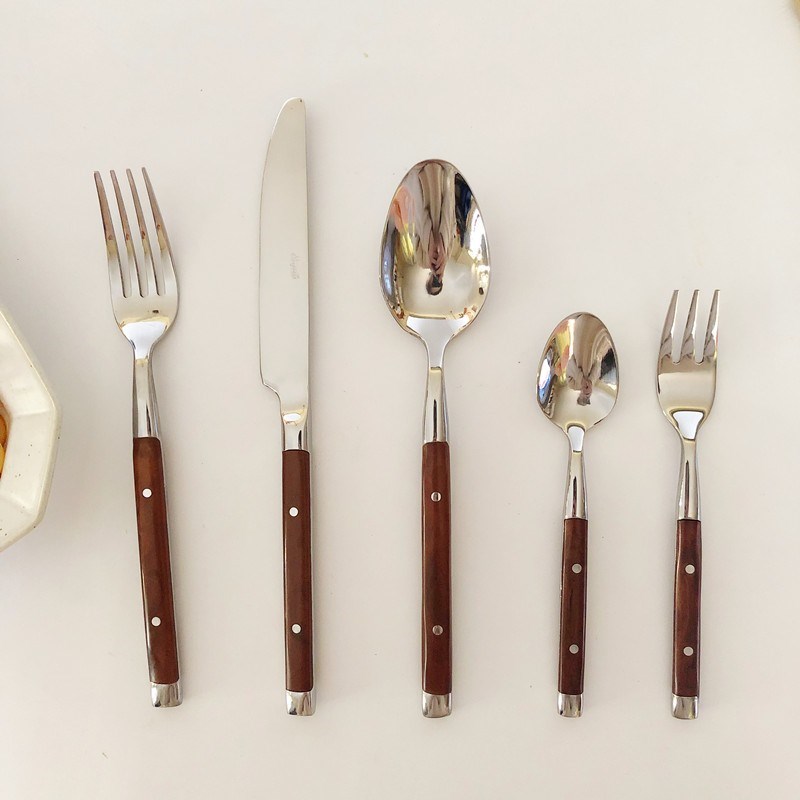 复古中古风高档不锈钢刀叉勺西餐餐具套装甜品勺子叉仿木纹柄刀叉