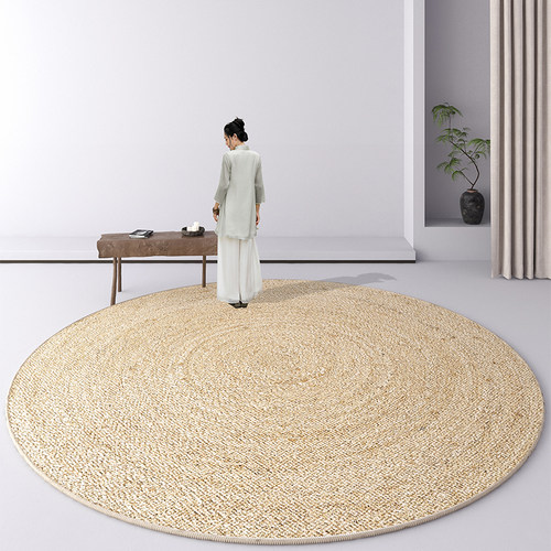 亚麻圆形客厅地毯卧室床边毯中式奶油风沙发茶几毯梳妆台高级地垫