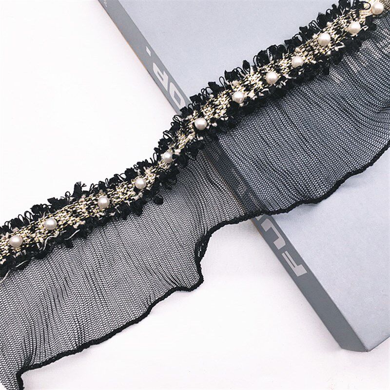 黑色半透明网纱蕾丝花边薄纱百褶裙边窗帘装饰拼接织带珍珠木耳边