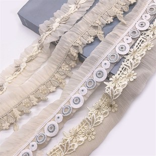 米黄短款双层薄纱拼接小边辅料小清新花色窗帘装饰花边窗饰沙发边