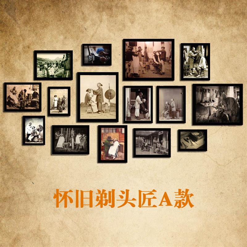 复古剃头匠发廊美发店装饰画中式墙面理发店挂画发型背景照片墙