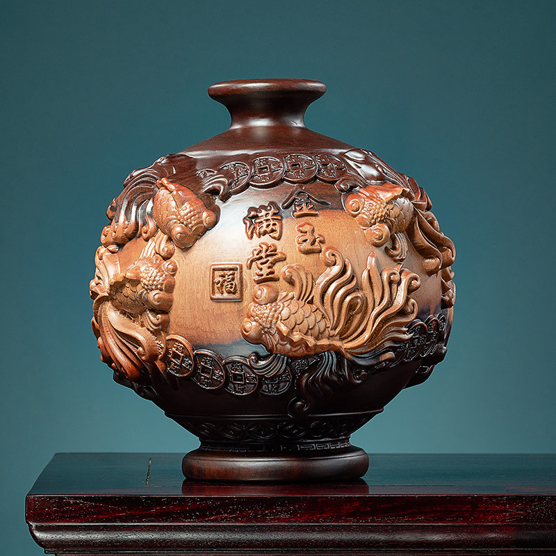 实木花瓶摆件黑檀木雕金玉满堂客厅插花电视柜装饰工艺品乔迁送礼,家居饰品,装饰摆件,淘宝优惠券,粉丝福利购,淘宝优惠卷