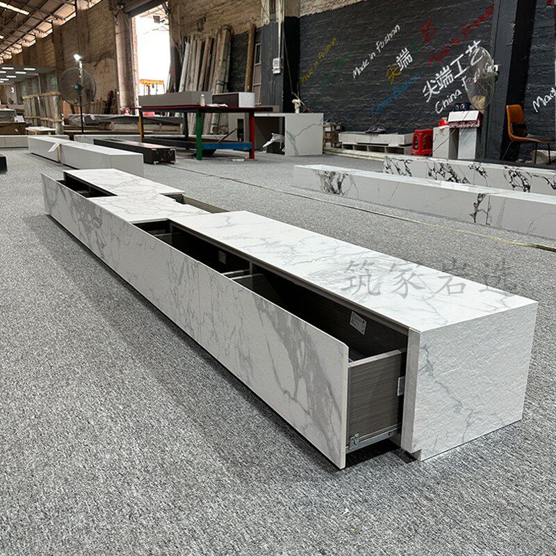 2025新款客厅落地隐藏插座创意50cm高45轻法式中间抽拉岩板电视柜