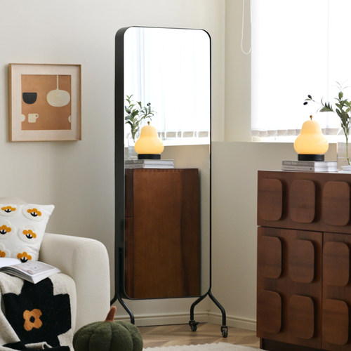 铁梵奶油风落地全身镜可移动杂志架书架镜子一体全身镜旋转全身镜
