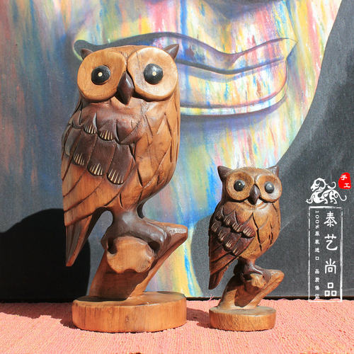 泰国工艺品摆件手工实木雕可爱猫头鹰礼品书架办公室店面创意装饰