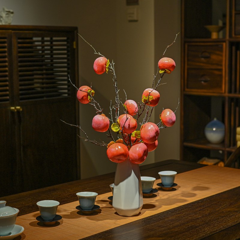 石榴摆件红果如意高枝插花客厅装饰假花摆设仿真柿子果实树枝假花