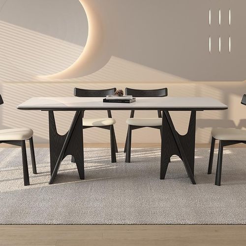 德利丰实木岩板餐桌小户型长方形奶油中古风白蜡木全托吃饭桌子