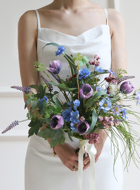 高级感出嫁紫色郁金香仿真花摄影领证花束蓝色婚礼手捧花新娘结婚