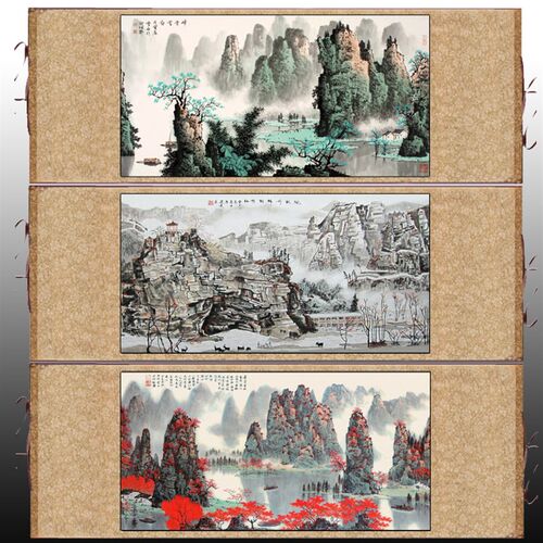 名家山水横幅丝绸挂画国画卷轴画漓江山水挂画书房装饰画白雪石画