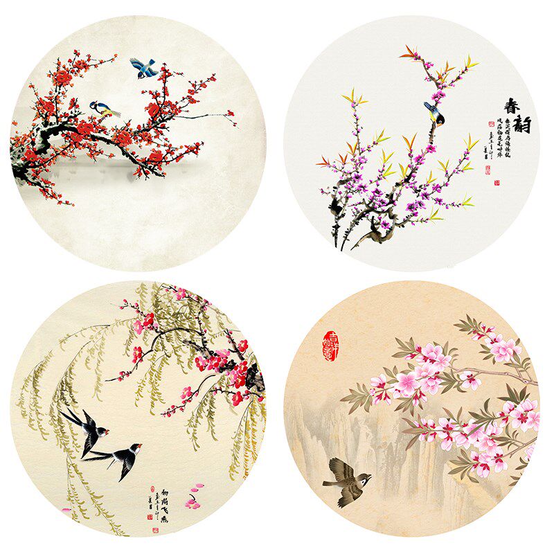 圆形花鸟飞燕梅花海棠花喜鹊登枝喜上眉梢挂画客厅餐厅书房壁画