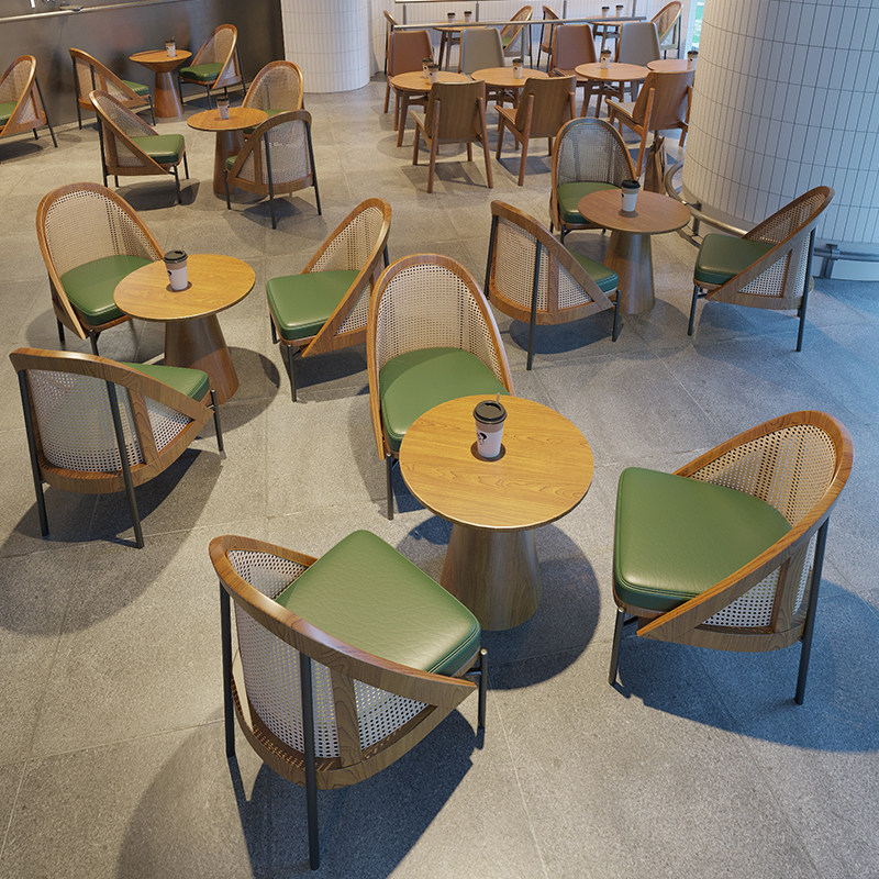 咖啡厅沙发藤编单人沙发椅实木设计师侘寂风中古椅餐饮奶茶店桌椅