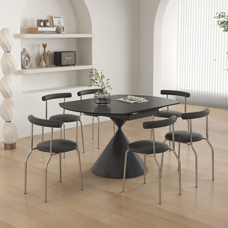 伸缩岩板折叠餐桌方变圆现代简约小户型华尔兹黑色多功能旋转餐桌