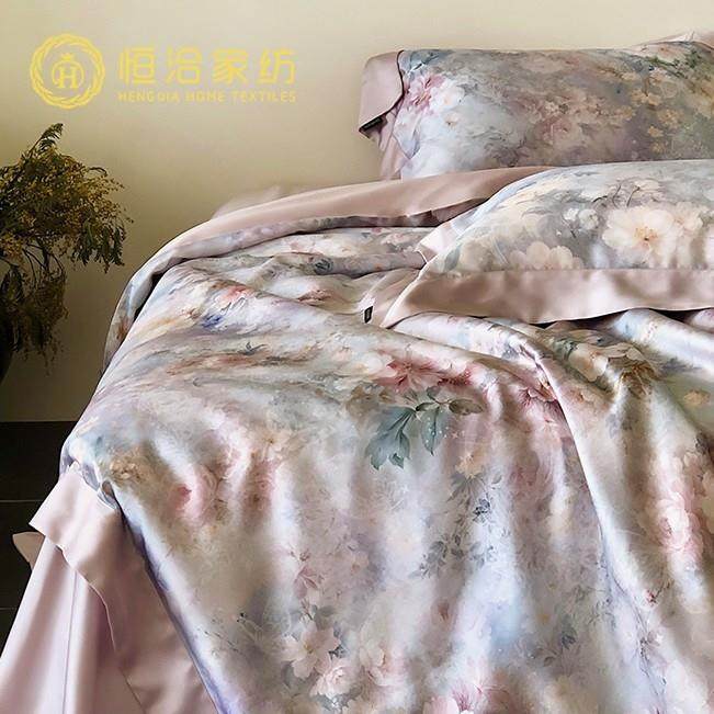 夏季复古风透气凉感莱赛尔四件套花卉数码印花冰丝裸睡被套床品粉