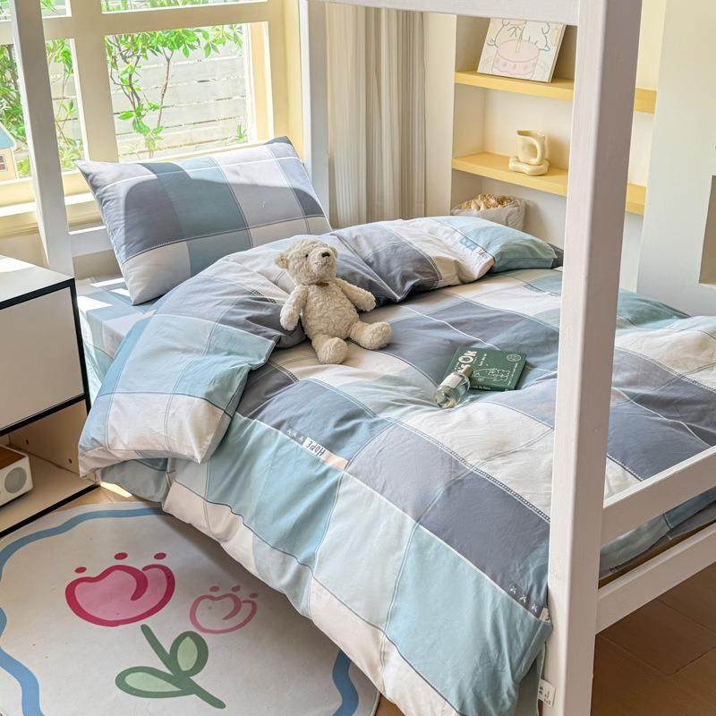 简约纯棉学生三件套宿舍上下铺全棉格子印花床品套件寝室单人床