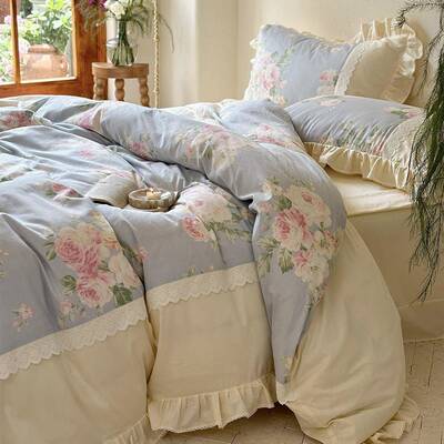 可可洛可慵懒感法式蓝色四件套少女蕾丝花边纯棉被套床单床上用品