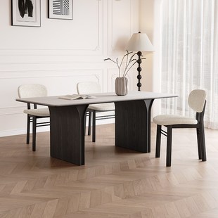 复古风实木岩板餐桌现代简约黑色全托客厅高端白色岩板餐桌长方形