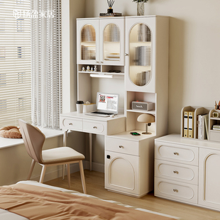 扬盈奶油风书桌书架一体带书柜卧室家用办公桌多功能学习电脑桌