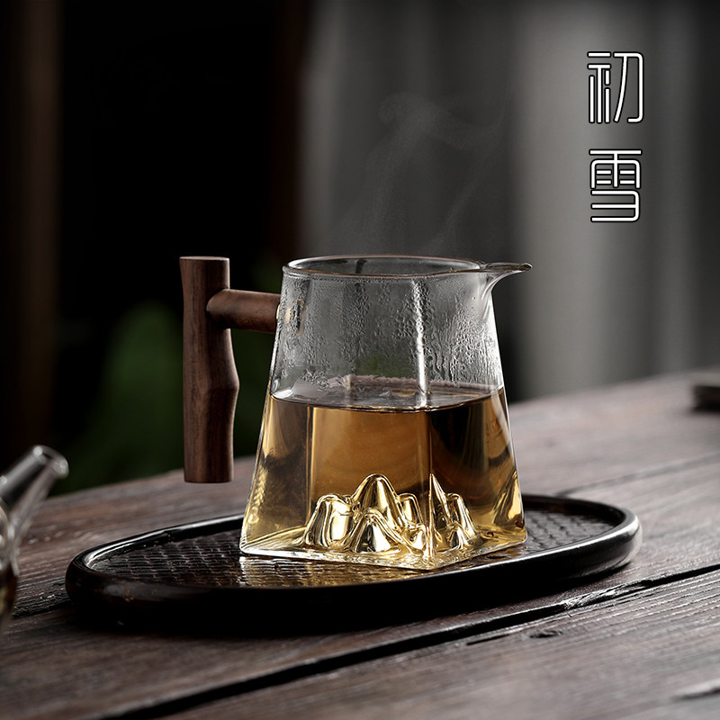 四方公道杯玻璃耐热观山公杯300ml木把功夫茶分茶器家用茶海茶具