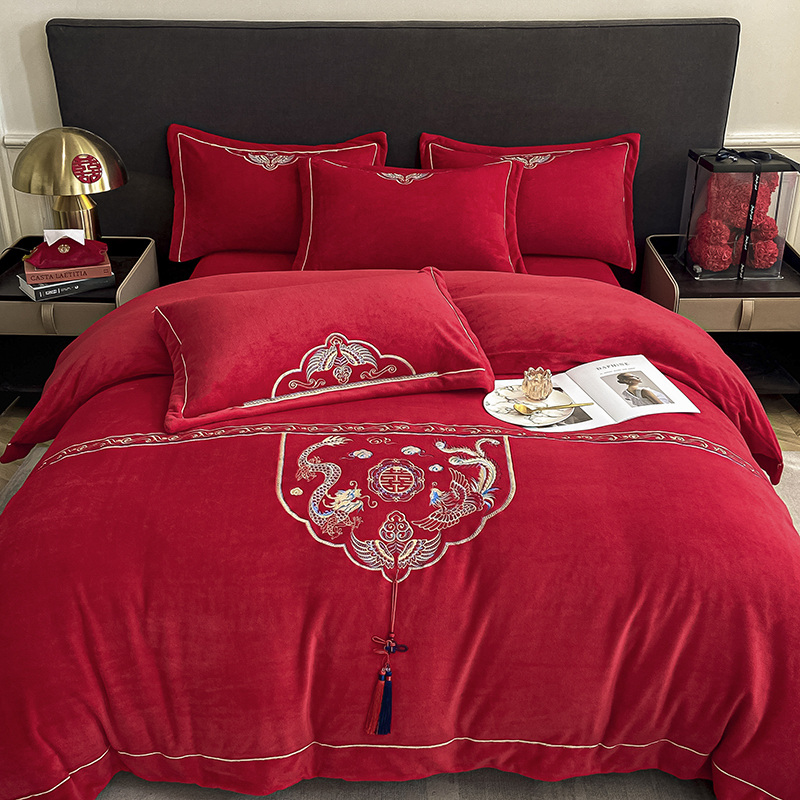 冬季大红色加厚四件保暖珊瑚绒结婚被新婚床单婚庆床品