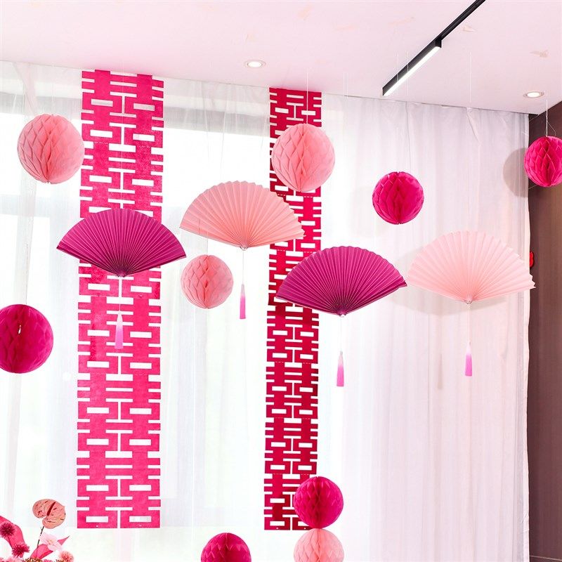 婚房布置套装男女方结婚新房主卧窗帘扇花流苏拉花装饰高级全套