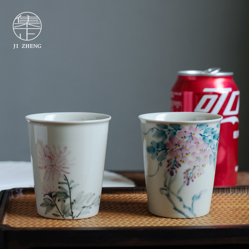 集正 草木灰釉下彩主人杯单杯 家用手绘插画陶瓷可乐杯复古大茶杯