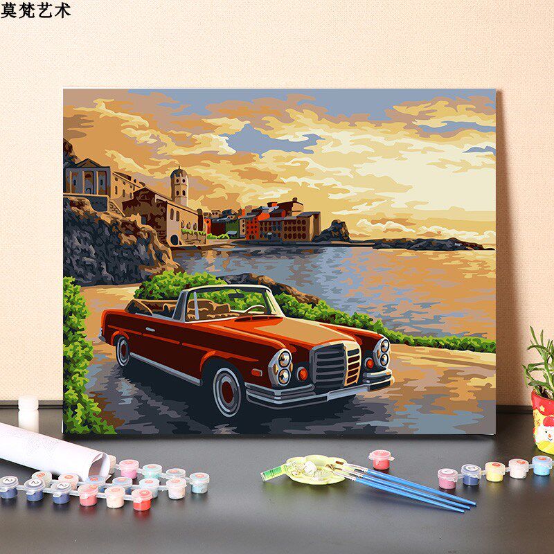 数字油画diy填充在海边开跑车客厅解闷手工填色油彩装饰丙烯画画