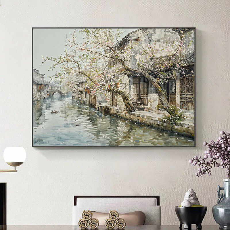 江南水乡春天风景挂画客厅茶室墙壁画中式江南小巷画沙发背景墙画