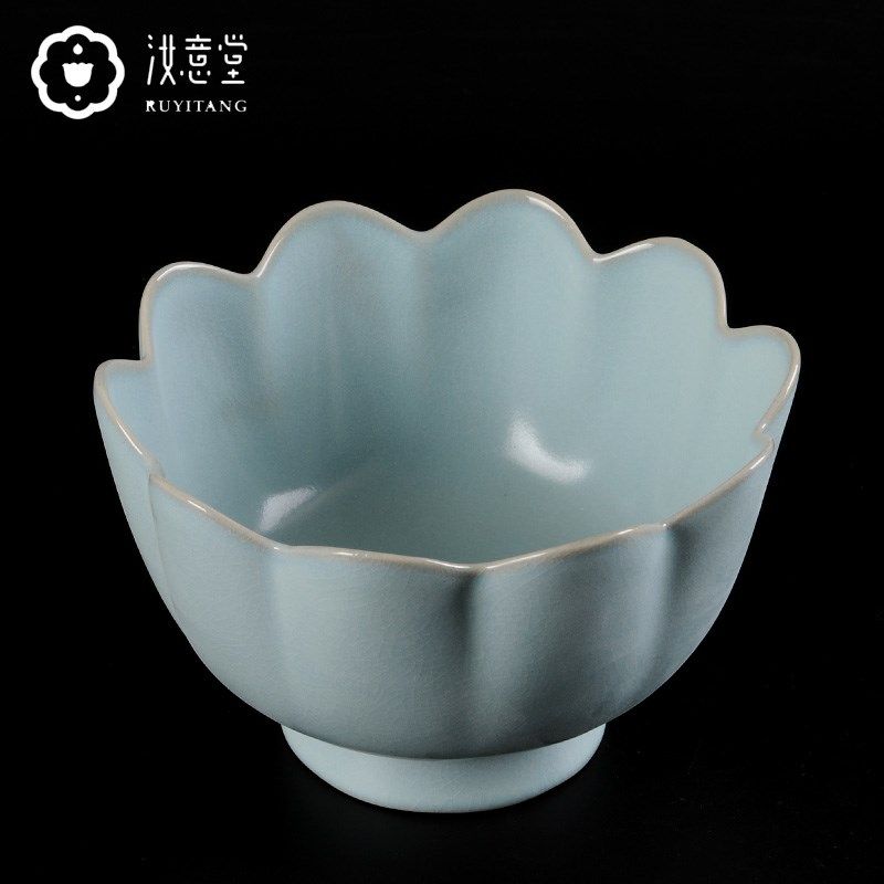 仿古汝窑汝瓷莲花式温碗陶瓷工艺品中式客厅书房博古架装饰品摆件