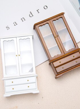 1:12三层二抽屉双门书柜子DIY娃屋dollhouse木质客厅家具摆件展示