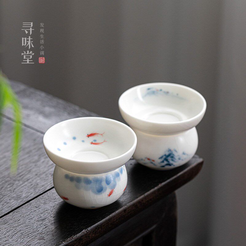 白玉汝窑手绘茶漏高档全瓷一体打孔茶滤开片陶瓷功夫茶具过滤器