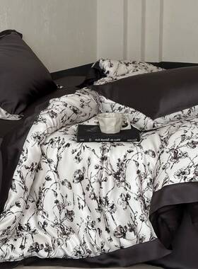 中式复古60支LF兰精天丝四件套黑色印花春夏裸睡丝滑1.5m被套床单