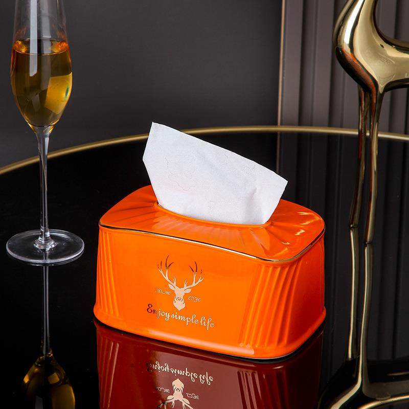 橙描金陶瓷纸巾盒极简轻奢风摆件家居客厅茶几软装饰品创意摆件