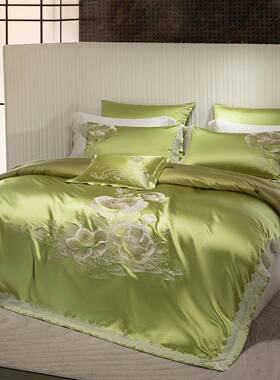 中式花卉绿色140支贡缎真丝棉四件套高档刺绣被套全棉床单1.8米床