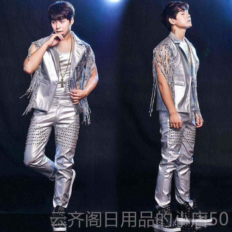 正品潮男歌手夜店吧架鼓DJ演出服个性流马苏亮片铆钉甲pu皮裤酒套