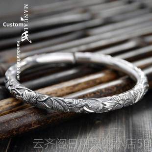 正品民族风9花足银纯手工纯云南雪银圆柱满雕莲花9银镯个性女款银