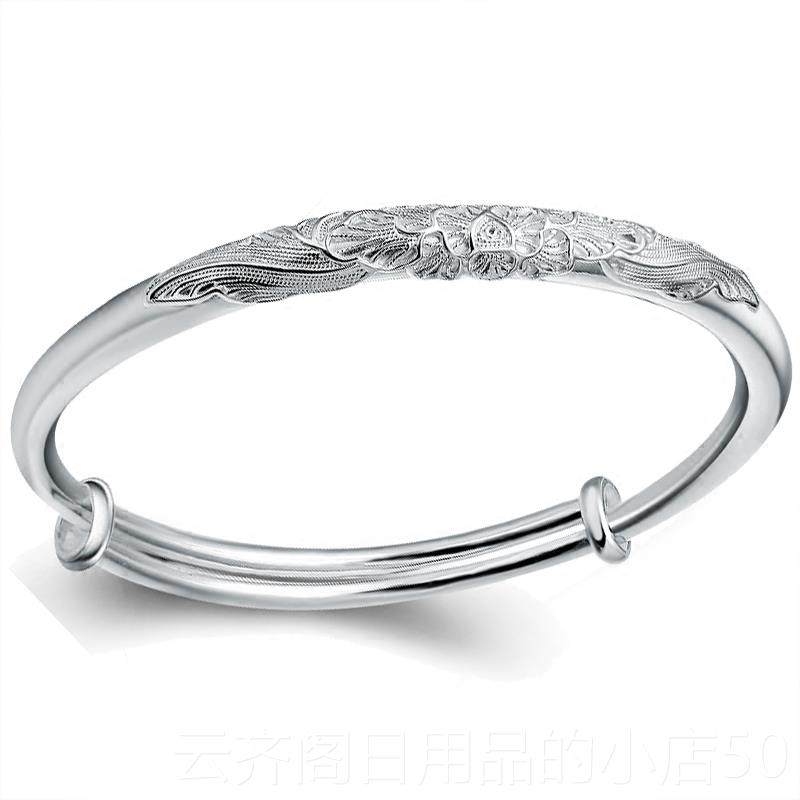 正品9花99纯银手 镯女时光面醉吟花丝纯银手镯尚简约手环送女友送
