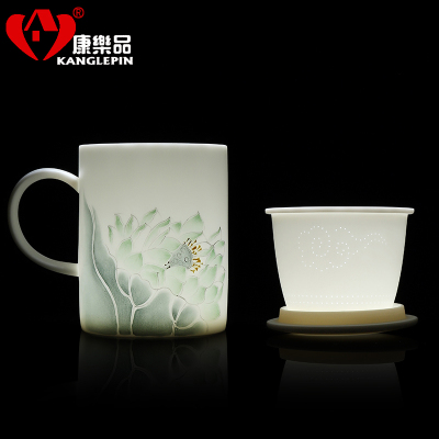 康乐品张丽娇大师手绘冰种玉瓷办公杯陶瓷带盖过滤茶水分离泡茶杯