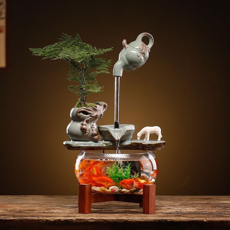 创意悬壶流水摆件客厅装饰喷泉桌面透明玻璃鱼缸生财景观开业礼品
