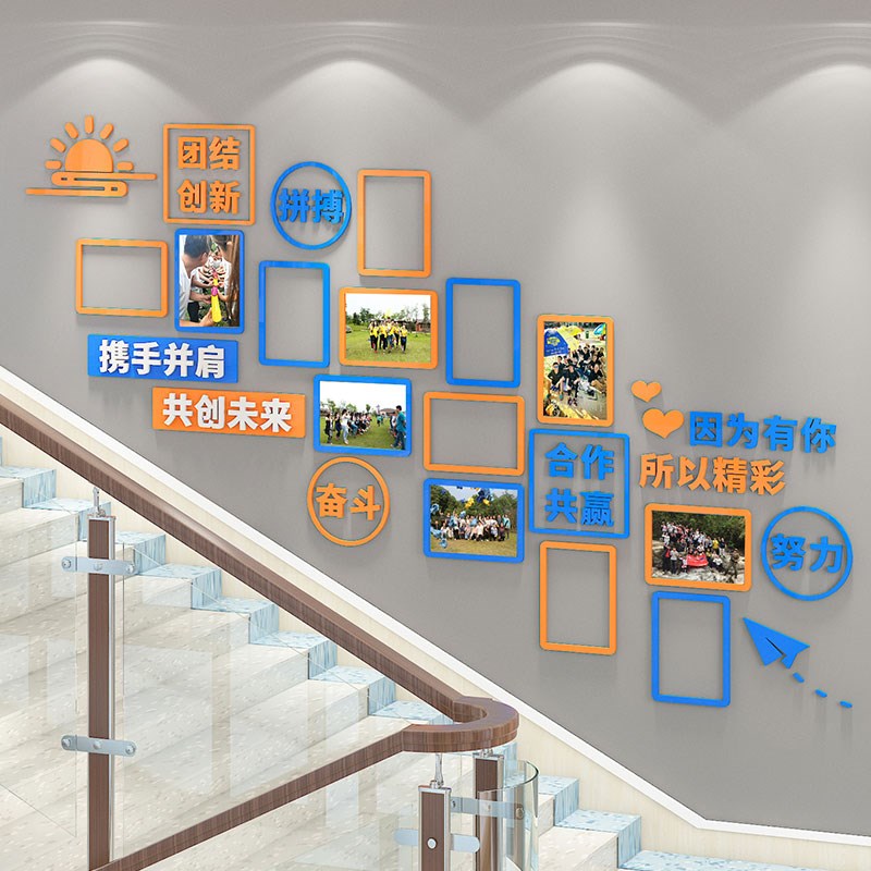 企业文化墙布置公司楼梯背景墙面装饰团队员工风采展示照片墙贴3d