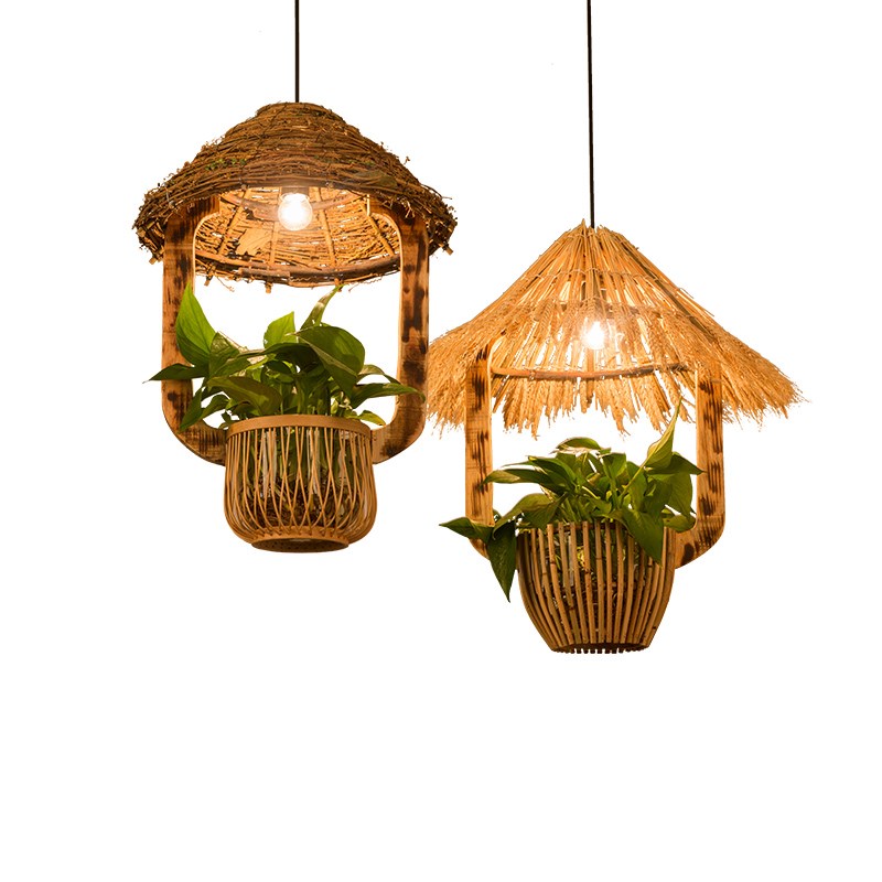 中式复古个性仿古藤艺竹艺农家乐特色餐厅民宿客栈吧台植物吊灯