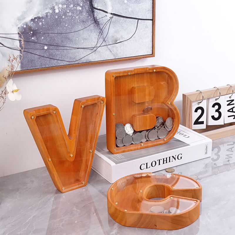 字母存钱罐实木复古储蓄罐可存取喷漆防水硬币储钱箱家居摆件