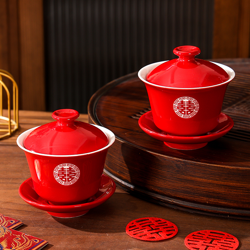 敬茶杯结婚喜碗装敬酒茶杯改口对碗对杯红碗一对碗筷红色婚礼