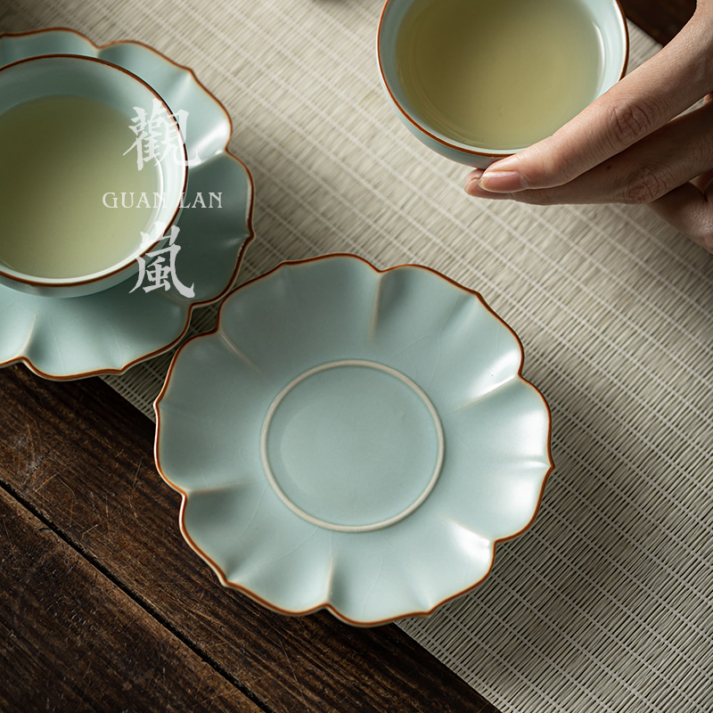 观岚汝窑天青色杯垫功夫茶具隔热垫陶瓷茶托开片汝瓷茶杯茶具配件